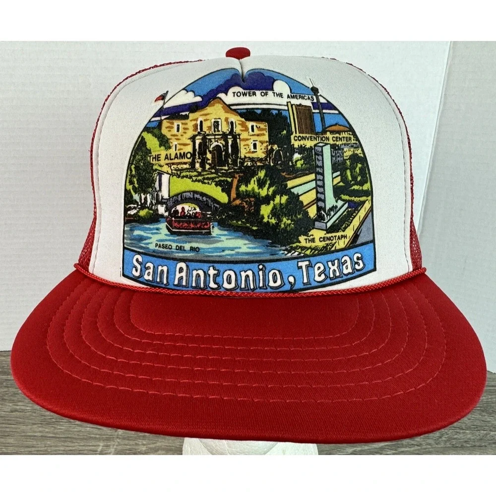 San Antonio Texas ~ Trucker Rope Foam Hat Snapback Cap Red White Alamo Vtg 80s